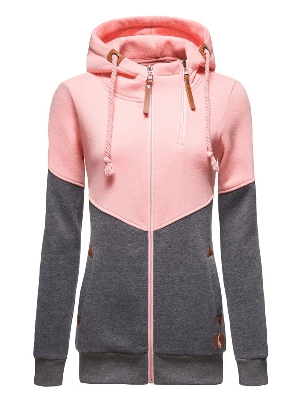Stylish two-tone zip hoodie in pink and gray, sporty design with hood, perfect for casual wear and warmth. SF2018 fashion.